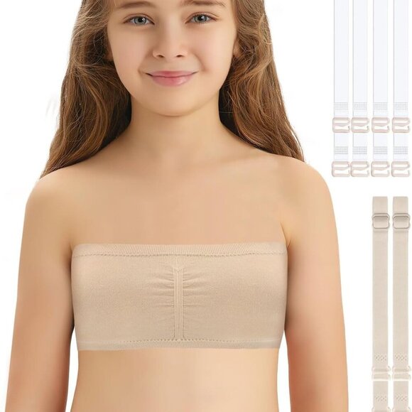 Girl Clear Straps Bandeau Bra, Medium, Beige, Seamless, Comfortable, Convertible - Picture 1 of 6